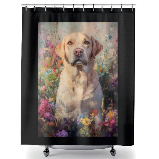 Labrador in Vibrant Garden Scene Shower Curtains