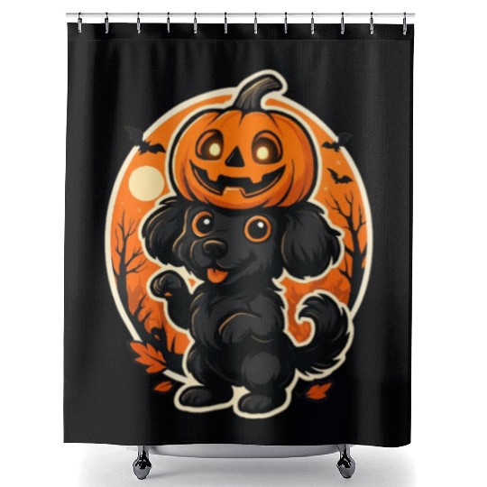 Cute Halloween Puppy in Pumpkin Mask Shower Curtains
