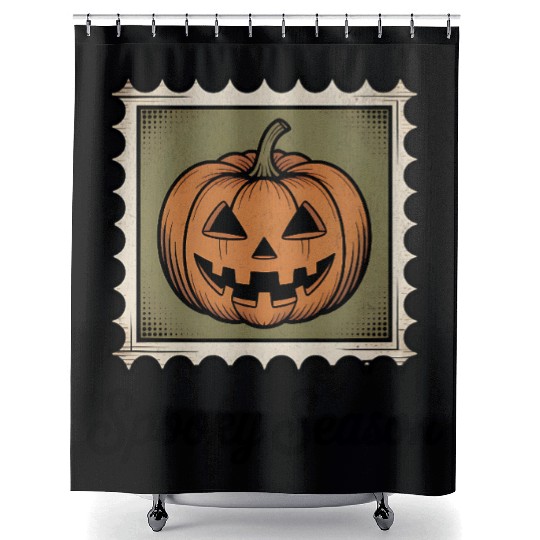 Spooky Season Pumpkin Stamp Design Shower Curtains