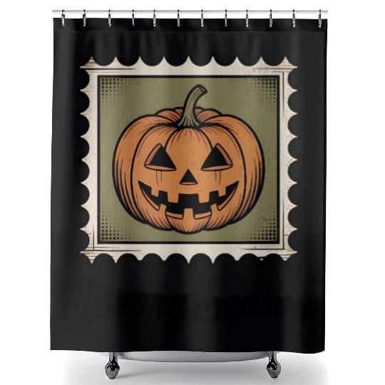 Spooky Season Pumpkin Stamp Design Shower Curtains