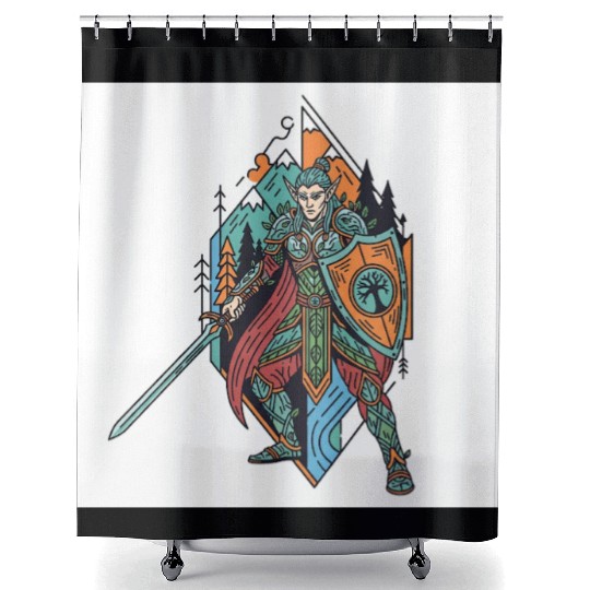 Epic Elf Warrior Shield and Sword Illustration Shower Curtains
