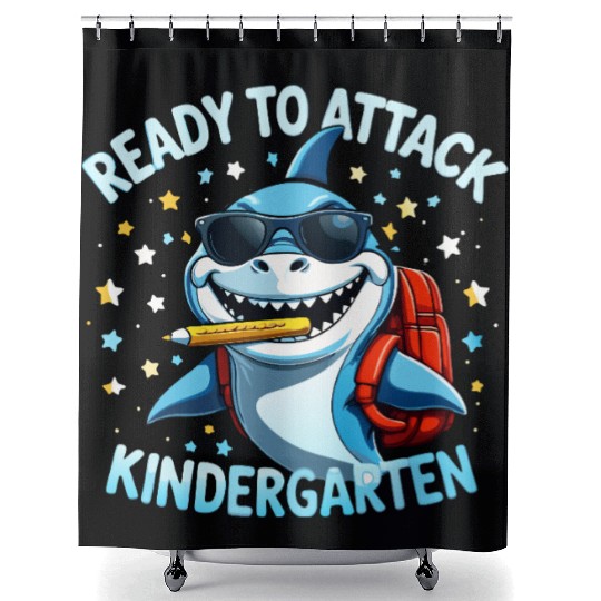back-to-school-Shark With Backpack Kindergarten  Shower Curtains