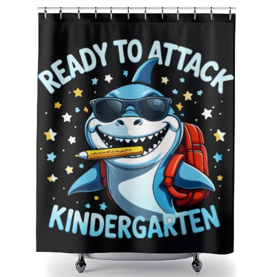 back-to-school-Shark With Backpack Kindergarten  Shower Curtains