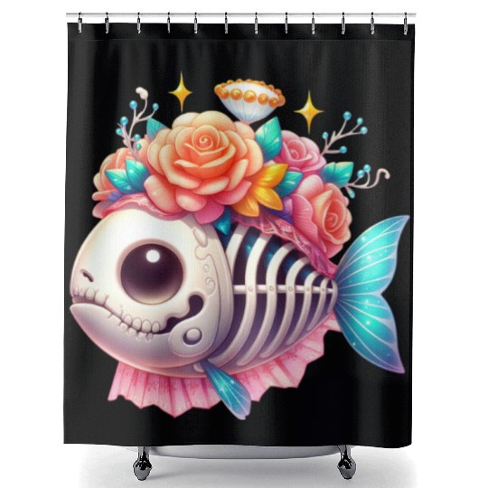 Whimsical Skull Fish with Floral Crown Shower Curtains