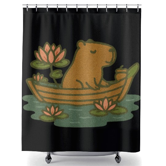 Whimsical Bear in Lotus Boat Design Shower Curtains