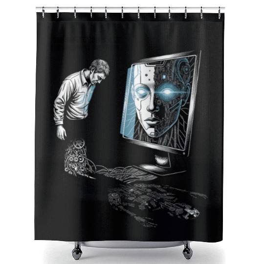 Futuristic AI Cyber Face Illustration Shower Curtains