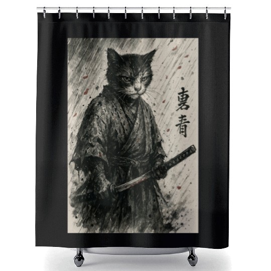 Samurai Cat Warrior Vintage Japanese Art Design Shower Curtains