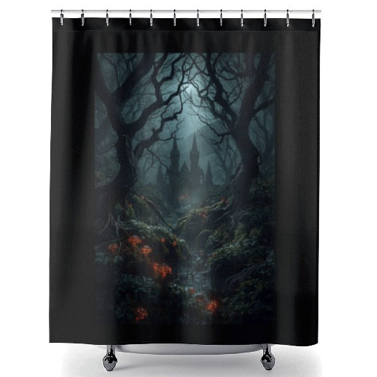 Enchanted Forest Castle Scene Shower Curtains