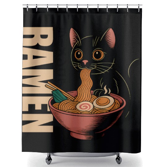 Black Cat Ramen Illustration Shower Curtains