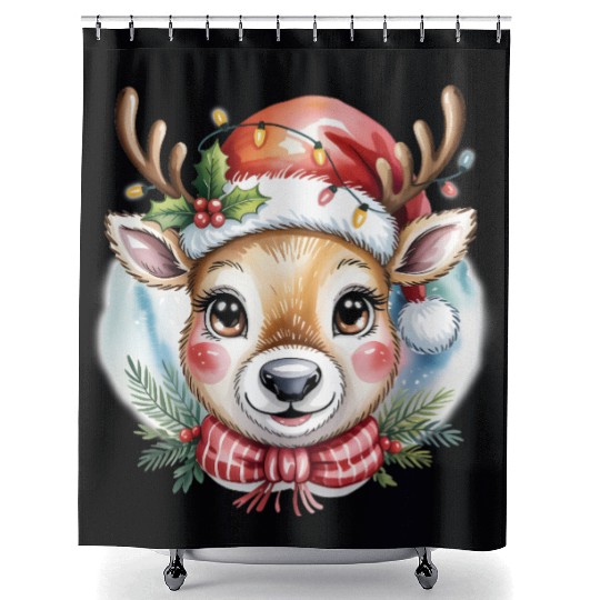 Cute Rudolph Reindeer Watercolor Christmas Art Shower Curtains