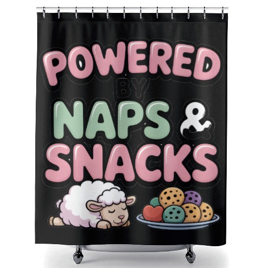 Powered by Naps and Snacks Illustration Shower Curtains