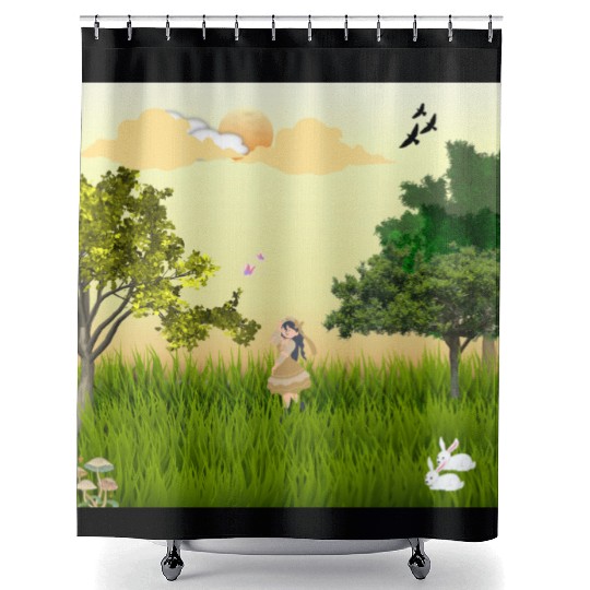 Serene Forest Girl with Bunny and Birds Shower Curtains