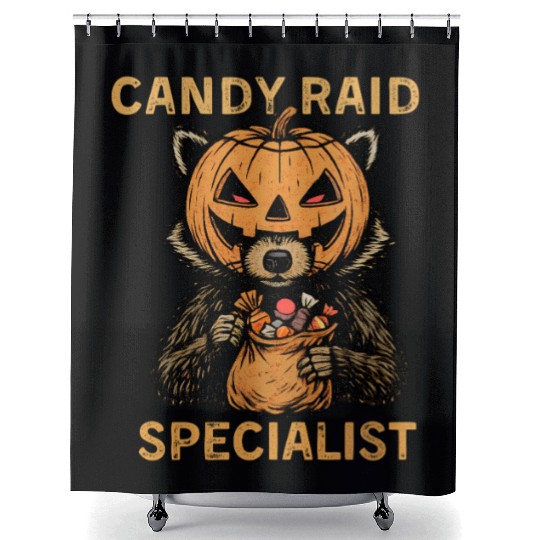 Candy Raid Specialist Halloween Raccoon Pumpkin Shower Curtains