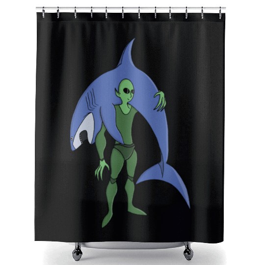 Alien Diver with Shark Funny Sci-Fi Shower Curtains