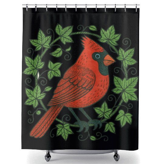 Vibrant Cardinal Amidst Ivy Leaves Shower Curtains