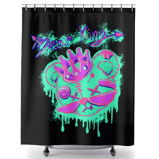 Neon Teddy Bear with Crown and Sunglasses Shower Curtains