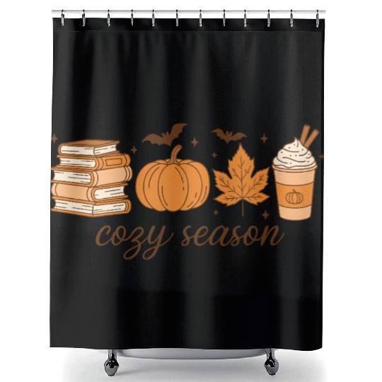 Cozy Season Pumpkin Latte Halloween Books & Leaves Shower Curtains