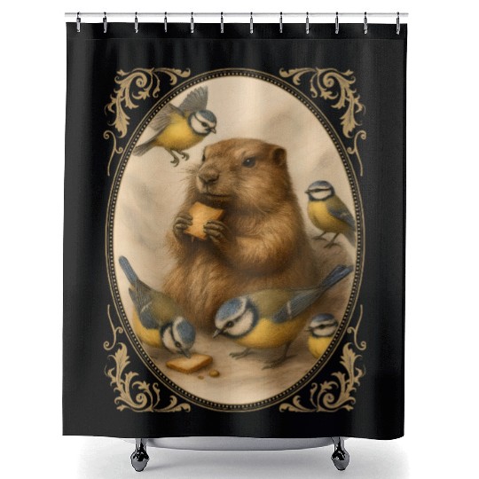 Marmot groundhog cute animal eating with birds Shower Curtains