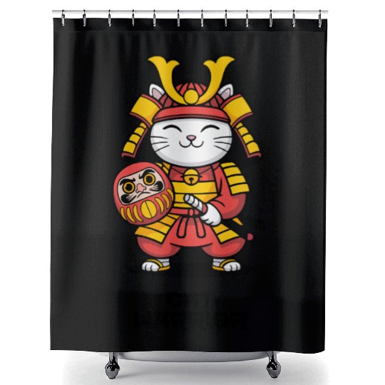 Kawaii Samurai Cat with Daruma Doll – Japanese  Shower Curtains