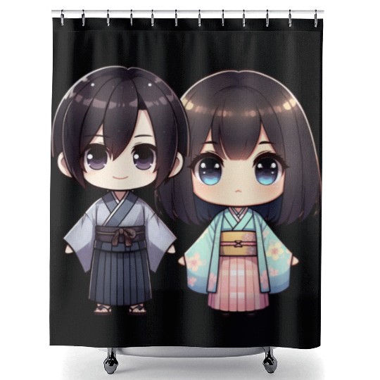 Chibi Kawaii Traditional Kimono Duo Shower Curtains