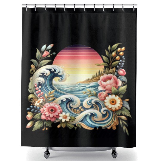 Elegant Wave and Floral Sunset Scene - GOD IS GOOD Shower Curtains