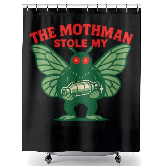 The Mothman Stole My Catalytic Converter – Green M Shower Curtains