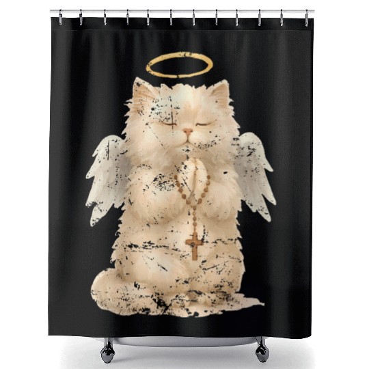 Heavenly Praying Cat with Angel Wings Shower Curtains