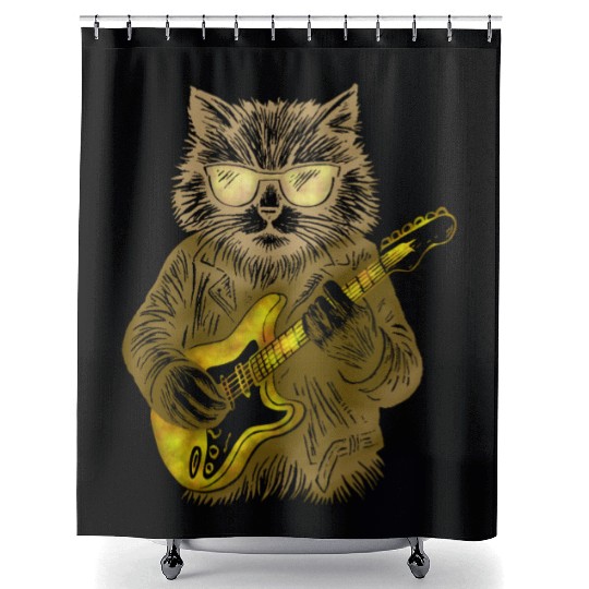 Funny Cat with sun glasses playing electric guitar Shower Curtains