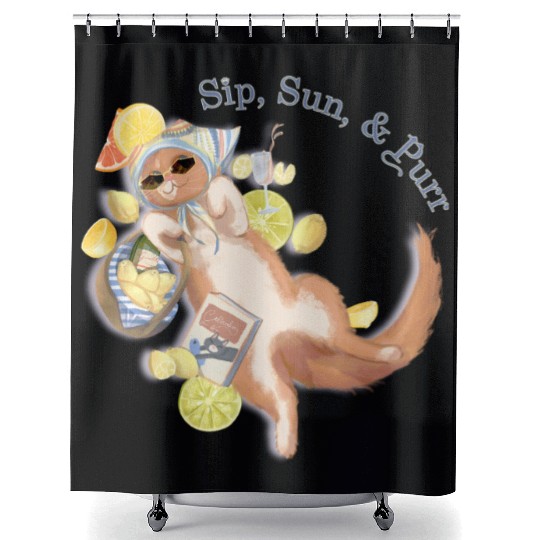 sip, sun, & purr Shower Curtains