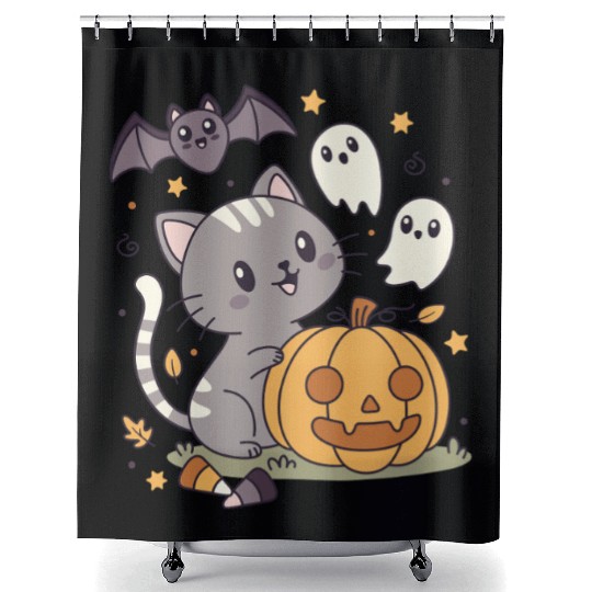 Halloween Kawaii Cat Bat Pumpkin Shower Curtains