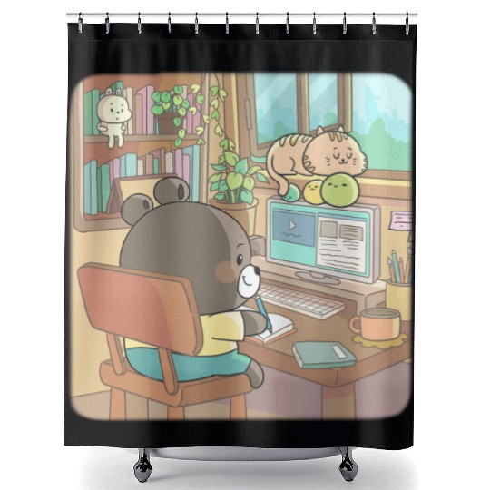 Cozy teddy bear studying Shower Curtains
