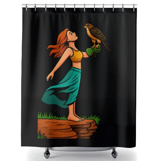 Woman with Hawk on Arm in Nature Scene Shower Curtains