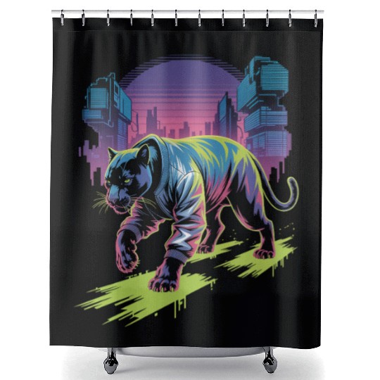 Cyber Panther Night Stride Synthwave Streetwear Shower Curtains