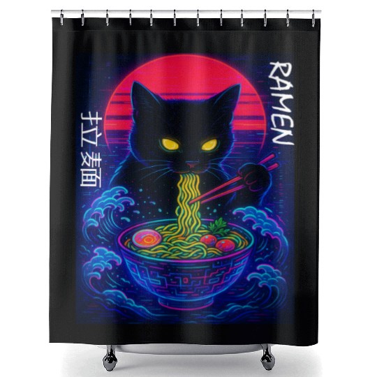 Neon Black Cat Ramen Art Shower Curtains