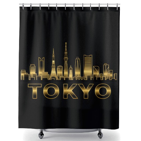 Elegant Tokyo Skyline Gold Line Art Shower Curtains