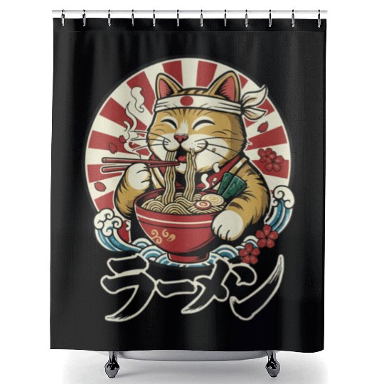 Victory Cat Ramen Illustration Shower Curtains