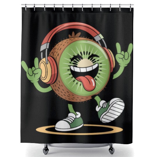 Playful Kiwi Cartoon with Headphones Shower Curtains