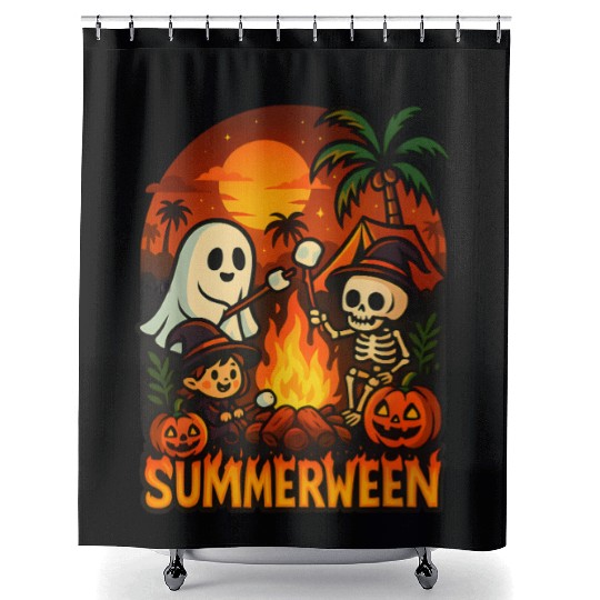 Summerween Campfire Ghost Skeleton Funny Halloween Shower Curtains
