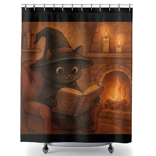 Enchanted Cat Witch by the Fireplace Shower Curtains