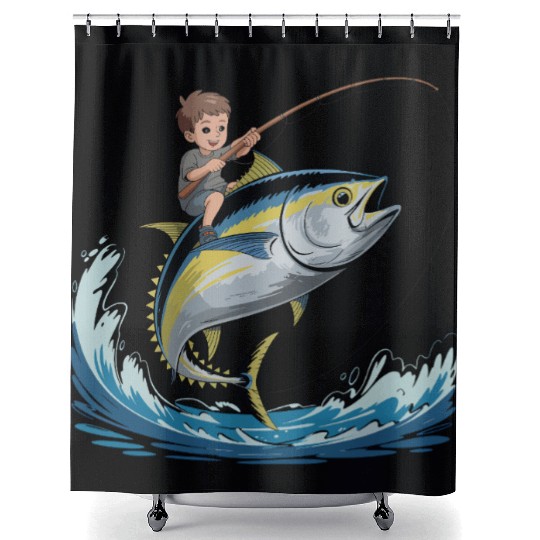 Joyful young boy rides massive jumping tuna Shower Curtains