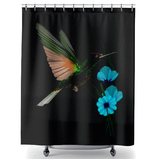 Green Hummingbird-Blue Flowers Shower Curtains