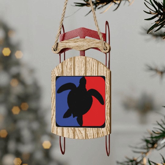 red blue square button sea turtle silhouette outli Sled Ornaments