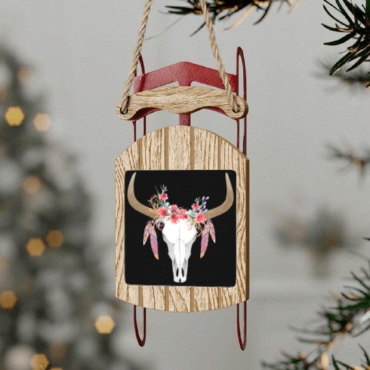 Floral Cow Skull With Feathers Bull Skull Sled Ornaments