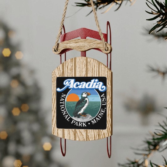 Retro Acadia National Park Vintage Maine Puffin Sled Ornaments