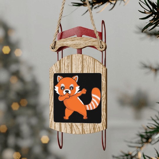 Dabbing Red Panda Cherry Blossoms Bamboo Sled Ornaments