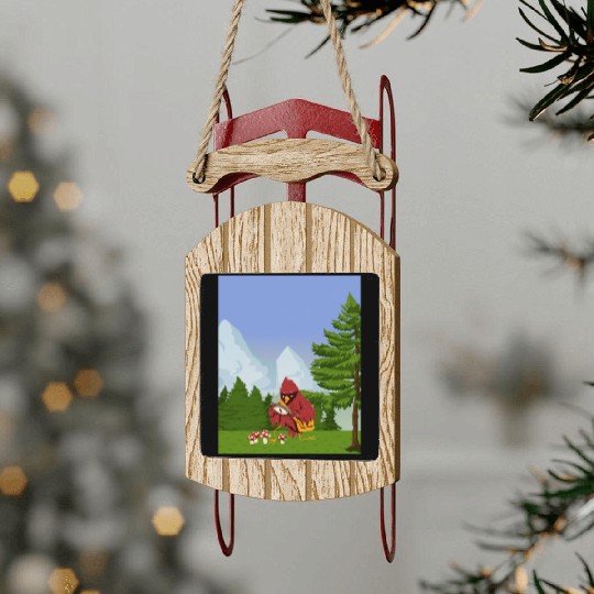 Cardinal Bird Foraging Collecting Mushrooms Sled Ornaments