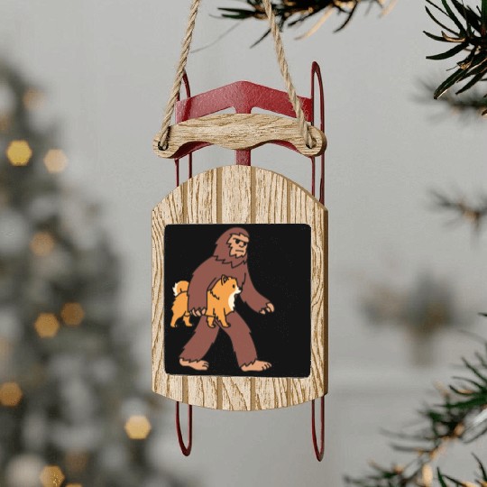 Bigfoot Sasquatch Walking Pomeranian Sled Ornaments