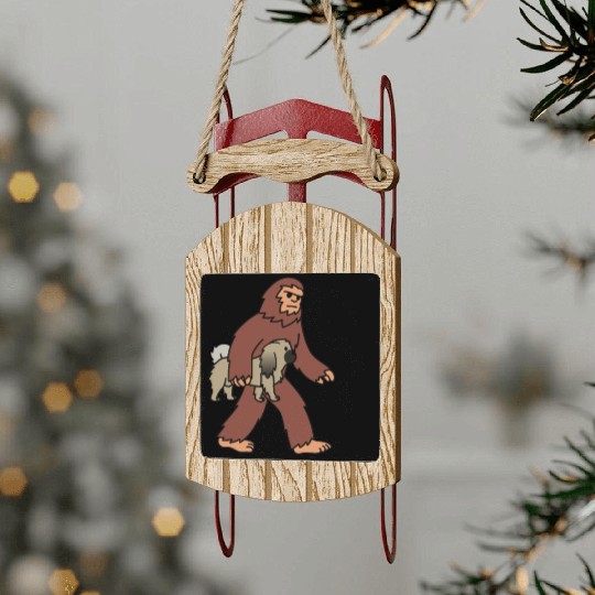 Bigfoot Sasquatch Walking Pekingese Sled Ornaments