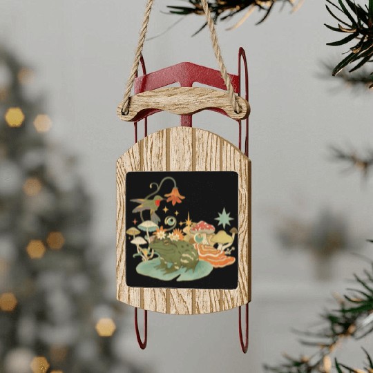 Cottagecore with frog, mushrooms and hummingbird Sled Ornaments