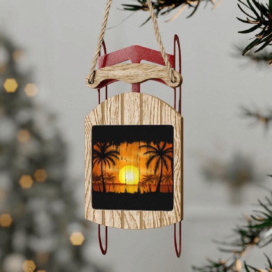 Retro Sunrise, Beach, Palm Trees, Vacation Sled Ornaments